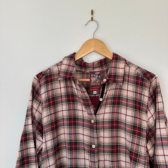 Johnny Was 3J Workshop Lorie Plaid Embroidered Shirt Burgundy M - Picture 4 of 10